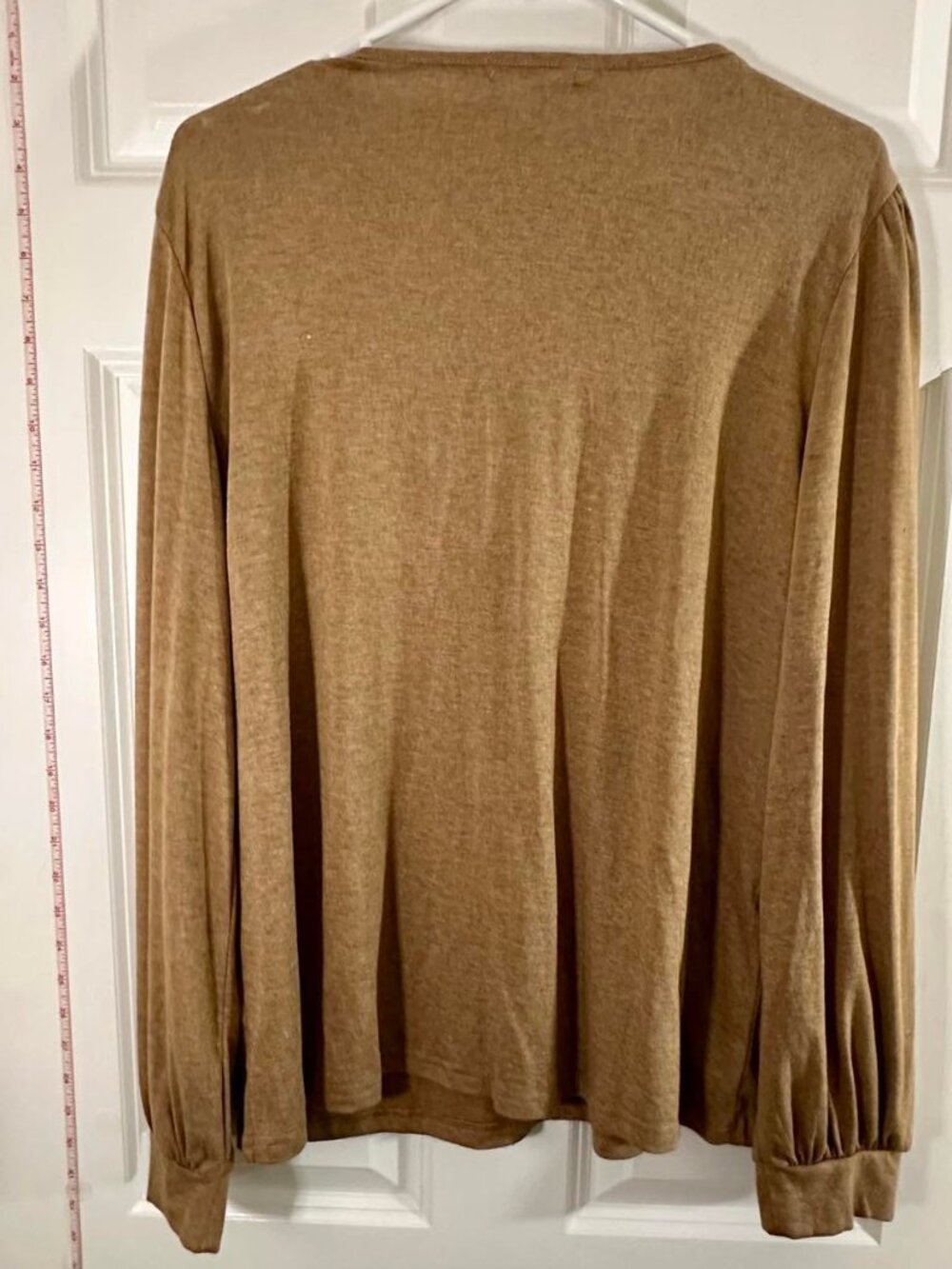 Agnes Urban Camel Tan Pleated V Neck Bishop Sleeve Blouse Top Long Sleeve XL - Picture 4 of 5